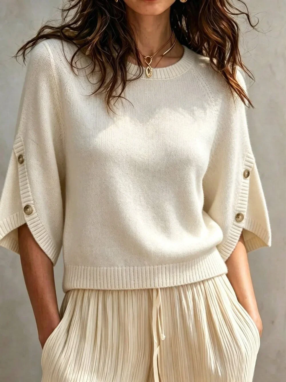 Apricot Casual Women's Round Neck Batwing Sleeve Knit  Sweater Top